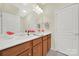 Bright bathroom featuring a double sink vanity with wood cabinets and a large mirror at 7203 Shenandoah Dr, Fort Mill, SC 29707