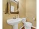 Stylish powder room features pedestal sink, framed mirror, and decorative floral arrangement at 7203 Shenandoah Dr, Fort Mill, SC 29707