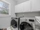 Laundry room with modern stainless steel washer and dryer and white cabinets at 9743 Aegean Ct, Huntersville, NC 28078