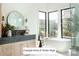 Bright bathroom featuring a modern soaking tub, large windows, and a stylish vanity with round mirror at Lot 4 Holbrook Rd, Fort Mill, SC 29715