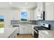 Bright kitchen featuring white cabinetry, stainless steel appliances, blue backsplash, and views from a large window at 330 Knotty Wood Dr # 67, Monroe, NC 28110