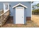 Exterior entrance to the basement with white trim adds function to the blue siding at 445 Cannon Farm Rd, China Grove, NC 28023