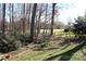 Serene backyard with a landscaped lawn, mature trees, and a charming fence line along the property's edge at 8133 Strawberry Ln, Charlotte, NC 28277