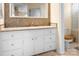 Bathroom with vanity, tiled backsplash and access to toilet and shower at 8133 Strawberry Ln, Charlotte, NC 28277