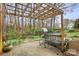 Relaxing outdoor patio with a pergola, comfortable seating, and views of the surrounding garden at 8133 Strawberry Ln, Charlotte, NC 28277