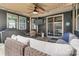 Inviting covered patio features cozy wicker seating, ceiling fan, and a mounted television at 1284 Independence St, Tega Cay, SC 29708