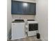 Efficient laundry room with modern washer, dryer, navy blue cabinets, and stylish patterned tile flooring at 4159 Millstream Rd, Denver, NC 28037