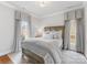 Cozy bedroom with a wooden bed frame, patterned bedding, and soft gray curtains for a relaxing retreat at 6711 Conservatory Ln, Charlotte, NC 28210