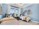 Light and airy bedroom with blue walls, two twin beds, and colorful decor and accents at 1039 Rabbit Hill Ln, Monroe, NC 28110