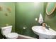 Charming powder room featuring green walls and stylish fixtures, including a pedestal sink at 1051 Lookout Shoals Dr, Fort Mill, SC 29715