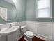 Stylish powder room with a pedestal sink, decorative mirror, and modern fixtures at 509 Riviera Pl, Rock Hill, SC 29730