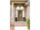 Home's front door framed by brick, featuring glass, a decorative light, and potted plants on each side at 7674 Bermuda Hills Ln, Denver, NC 28037