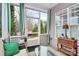 View of a screened in porch with wicker furniture, woven rug, side table and wood shelving unit at 9119 Gander Dr, Charlotte, NC 28277
