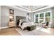 Elegant Primary bedroom with tray ceilings, tufted headboard, stylish decor, and large windows at 1047 Rabbit Hill Ln, Monroe, NC 28110