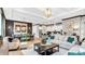 Open-concept living room featuring hardwood floors, coffered ceilings, designer furniture, and a seamless transition to the kitchen at 1047 Rabbit Hill Ln, Monroe, NC 28110