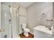 Bathroom with a walk-in shower, toilet, vanity, and wood style floors at 119 Hemphill Ave, Chester, SC 29706