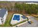 Aerial view of a community pool with a blue safety cover surrounded by well-maintained landscaping at 6464 Park Pond Dr # 7, Charlotte, NC 28262