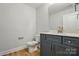 Modern bathroom with wood floors, gray cabinets, white countertop, and a large mirror at 8716 Acadia Pkwy # 596, Sherrills Ford, NC 28673