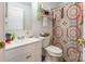 Bathroom featuring stylish patterned shower curtain and white vanity at 1465 Flintwood Dr, Rock Hill, SC 29732