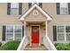 Charming townhouse entrance featuring a vibrant red door, white railings and a welcoming wreath at 1469 Flintwood Dr, Rock Hill, SC 29732