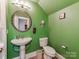 Bright powder room features a pedestal sink, decorative mirror and vibrant green walls at 123 Yellow Jacket Cir, Mooresville, NC 28117