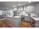 Well-lit kitchen showcases grey cabinets, a stainless steel hood, and wood floors at 2306 Elizabeth Mill Pl, Charlotte, NC 28208
