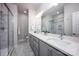 Clean and modern bathroom with double sinks, vanity, large mirror and glass enclosed shower at 2306 Elizabeth Mill Pl, Charlotte, NC 28208