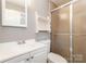 Well-lit bathroom with white vanity, toilet, and a glass door shower stall at 4815 Carriage Drive Cir, Charlotte, NC 28205