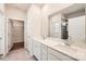 Elegant bathroom with a double sink vanity, a large mirror, and a separate glass-enclosed shower at 5944 Oak Branch Cir, Maiden, NC 28650