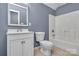 Cozy bathroom featuring a single vanity, toilet, and a shower-tub combination at 642 Brynwood Dr, Rock Hill, SC 29732