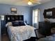 Comfortable bedroom with blue walls, a patterned quilt, and a dark wood dresser at 591 Bent Oak Trl, Concord, NC 28027