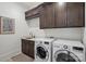 Laundry room with front load washer and dryer, cabinets, sink, and neutral color scheme at 122 N Longfellow Ln, Mooresville, NC 28117