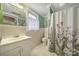 Bathroom with a vanity, toilet, tiled floor, and a shower/tub combination with a floral shower curtain at 1612 Forum Ln, Iron Station, NC 28080