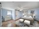 Staged bedroom with a barn door, dresser, bedside table, and area rug at 1612 Forum Ln, Iron Station, NC 28080