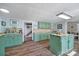 Well-lit kitchen with an island, tile backsplash, and green cabinets at 1612 Forum Ln, Iron Station, NC 28080