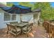 Charming backyard deck with table, benches, and umbrella at 7613 Whistlestop Rd, Charlotte, NC 28210