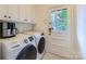 Laundry room with modern washer and dryer units, storage cabinets, and an exterior door leading to the backyard at 7613 Whistlestop Rd, Charlotte, NC 28210