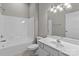 Bathroom features a tub/shower combo, vanity with sink and a medicine cabinet at 8412 Brookings Dr, Charlotte, NC 28269