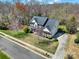 Aerial view of a spacious home showcasing the mature trees, long driveway and well-kept lawn at 11000 King George Ln, Waxhaw, NC 28173