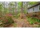 A secluded backyard showcasing the home's exterior and beautiful azalea bushes amongst lush greenery at 140 Rustic Way Ln, Mooresville, NC 28117