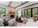 Living room boasts a fireplace, modern furnishings, and sliding glass doors that open to a balcony at 5610 Farmbrook Dr, Charlotte, NC 28210