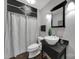 Stylish bathroom features a modern vessel sink, framed mirror, and decorative shower curtain at 705 Drew Ave, Fort Mill, SC 29708