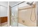 Shower stall featuring a swan-themed sliding door and updated shower head at 7270 Long Island Rd, Catawba, NC 28609