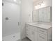 Bright bathroom featuring a glass shower and a vanity with modern fixtures and lighting at 2429 Ellen Ave, Charlotte, NC 28208