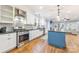 Modern kitchen with stainless steel appliances, white cabinetry, and a blue center island at 331 Solomon St, Charlotte, NC 28216