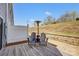 Backyard patio featuring wooden deck with two chairs, stone retaining wall, and privacy fence at 502 Tayberry Ln, Fort Mill, SC 29715