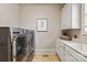 This laundry room features a utility sink with white cabinets and modern side-by-side washer and dryer at 9901 Strike The Gold Ln, Waxhaw, NC 28173