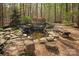 Backyard with a serene water feature with a small waterfall and rock outcroppings at 225 Riverton Rd, Weddington, NC 28104