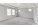 Bedroom featuring neutral carpet, tray ceiling and three windows with horizontal blinds at 12241 Gambrell Dr, Charlotte, NC 28278