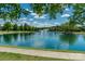 Scenic view of a serene pond featuring a fountain, surrounded by lush trees at 9900 Silverling Dr, Waxhaw, NC 28173